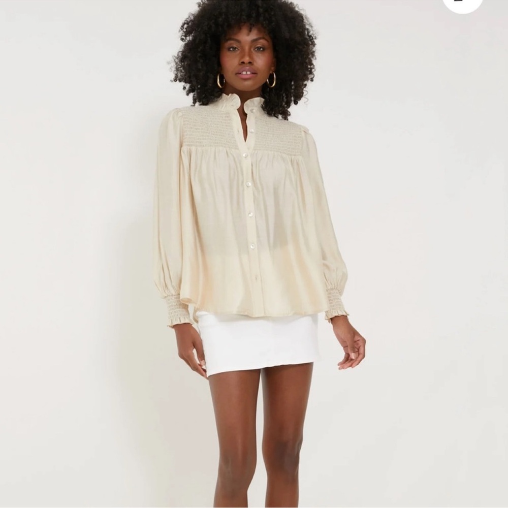 Tuckernuck Pomander Place Jaia elegant smocked top in champaigne